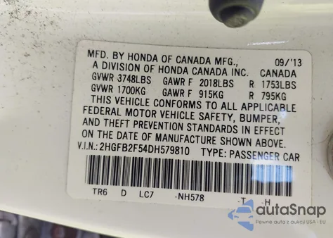 2013 Honda Civic Lx z USA, uszkodzony, nr VIN 2HGFB2F54DH579810